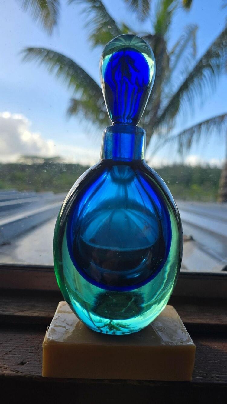 Vintage Murano Sommerso Art Glass Perfume Bottle Blue Green MCM Round Stopper